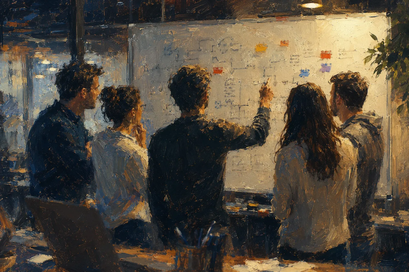 Engineers collaborating at a whiteboard